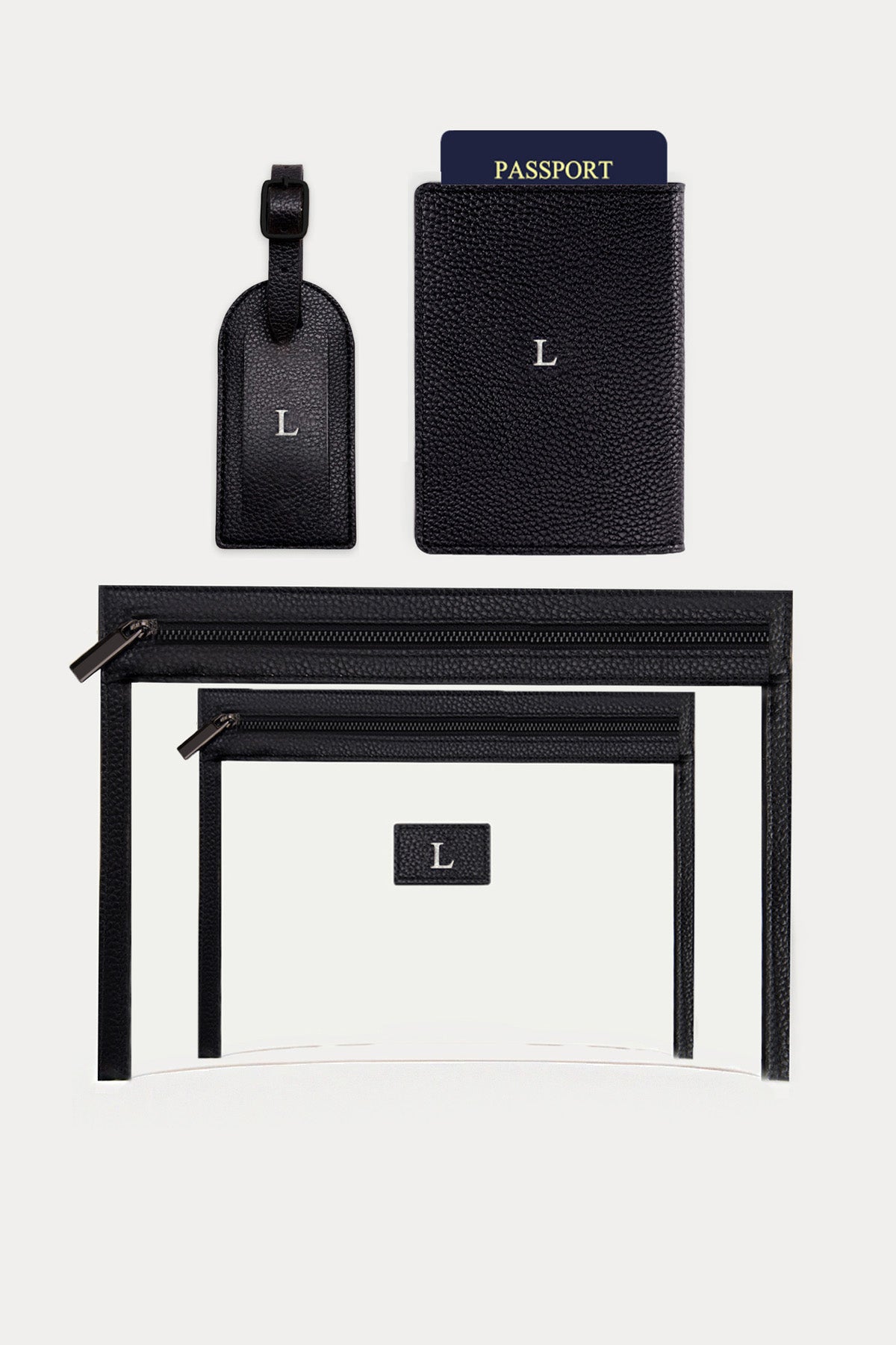 מארז מתנה: כיסוי לדרכון + תג מזוודה + 2 תיקי איפור/רחצה (רגיל+קטן)