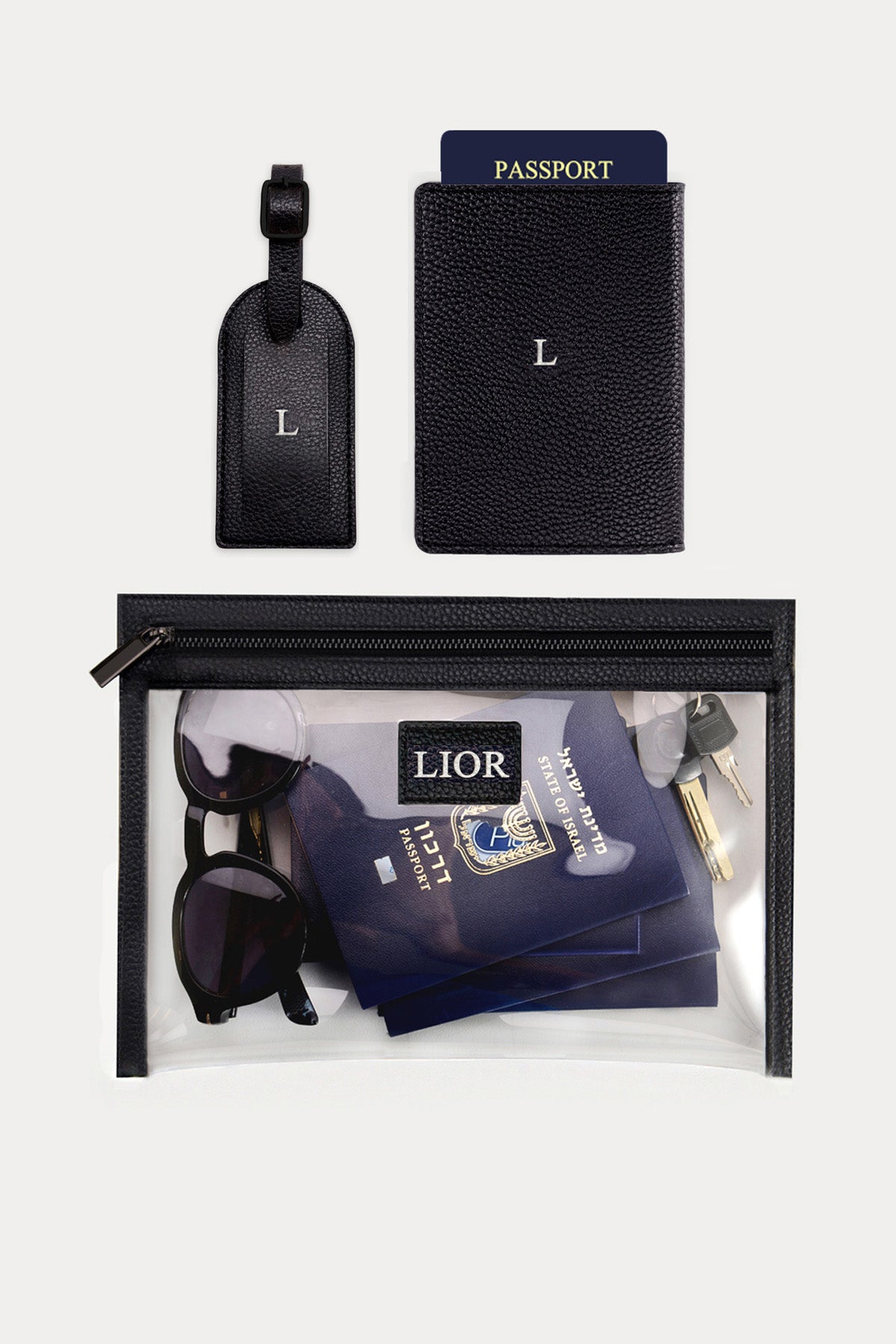 מארז מתנה: כיסוי לדרכון + תג מזוודה + תיק רחצה