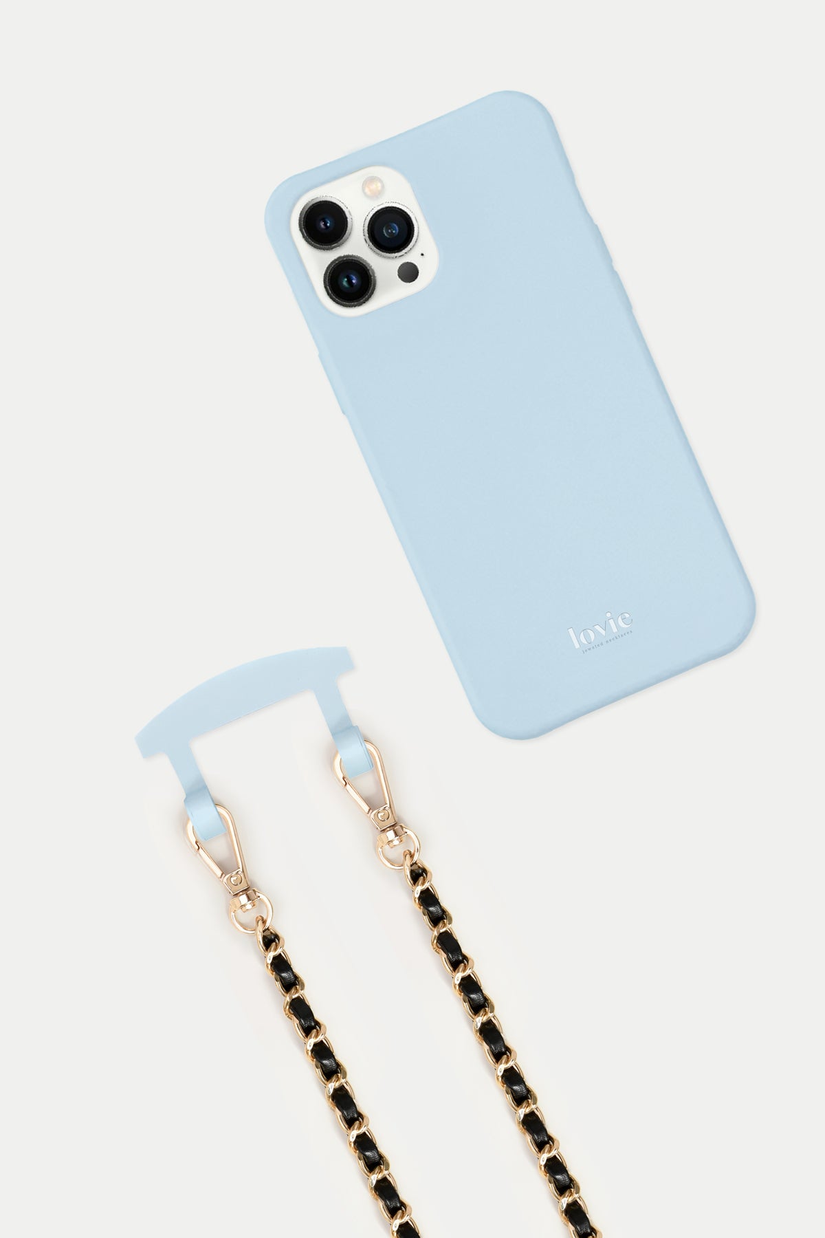 כיסוי MagSafe תכלת + שרשרת שחורה-זהב סמנתה